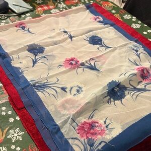 Floral Sheer Scarf Blue Pink Accents hand tied over 70 years old like new
